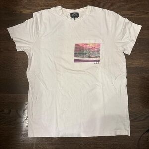 A.P.C. White Short Sleeve Tee with Pink and Purple Pocket Print